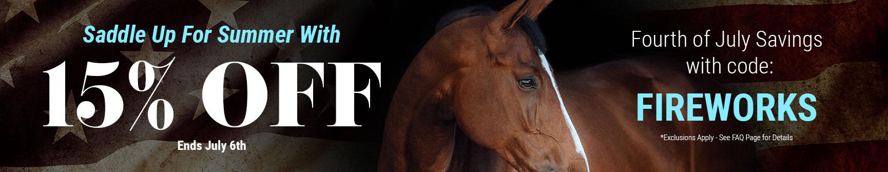 July 4th 15% OFF sale on equestrian and horse products at Farmvet.com.