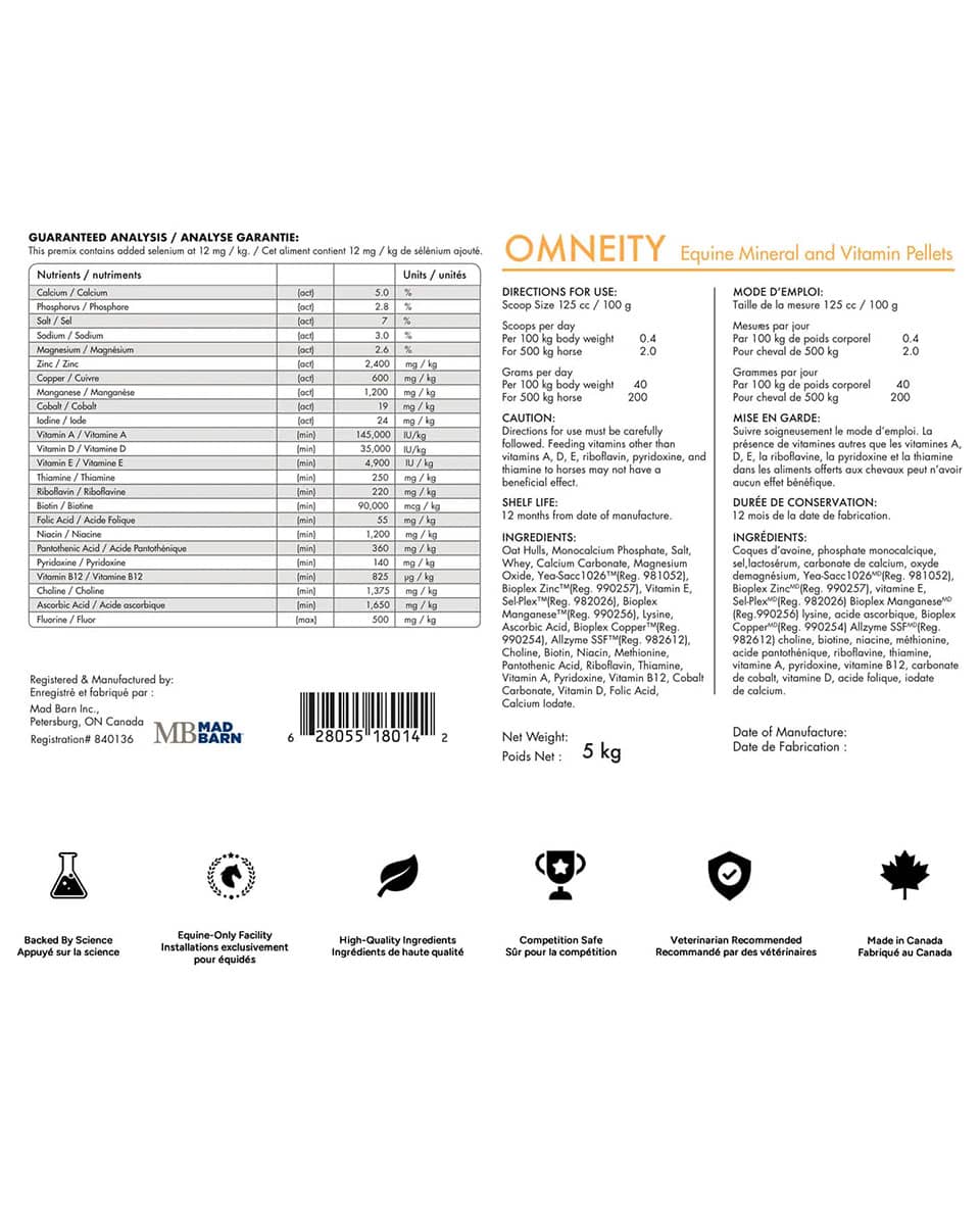 Mad Barn Omneity P Pellets vitamin and mineral supplement for horses - label