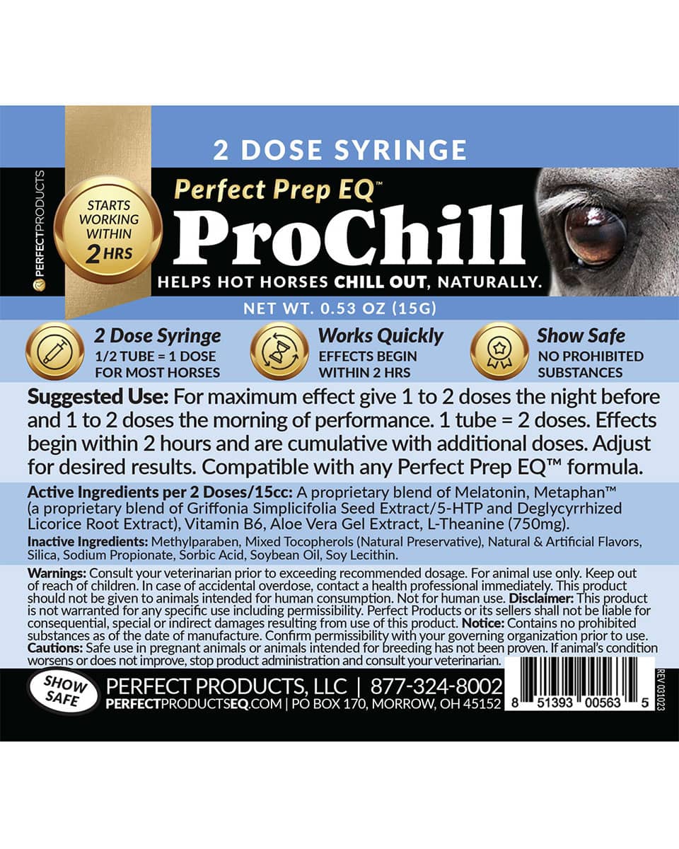 Perfect Prep EQ ProChill calming oral gel for horses from Perfect Products