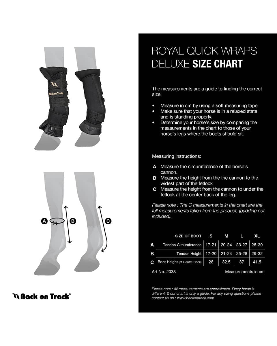 Back on Track Royal Quick Wraps Deluxe Size Chart