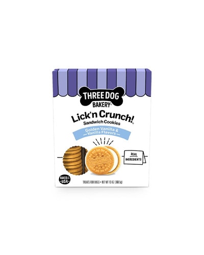 Three Dog Bakery Lick 'n Crunch Golden Vanilla Sandwich Cookies - cream filled dog treats