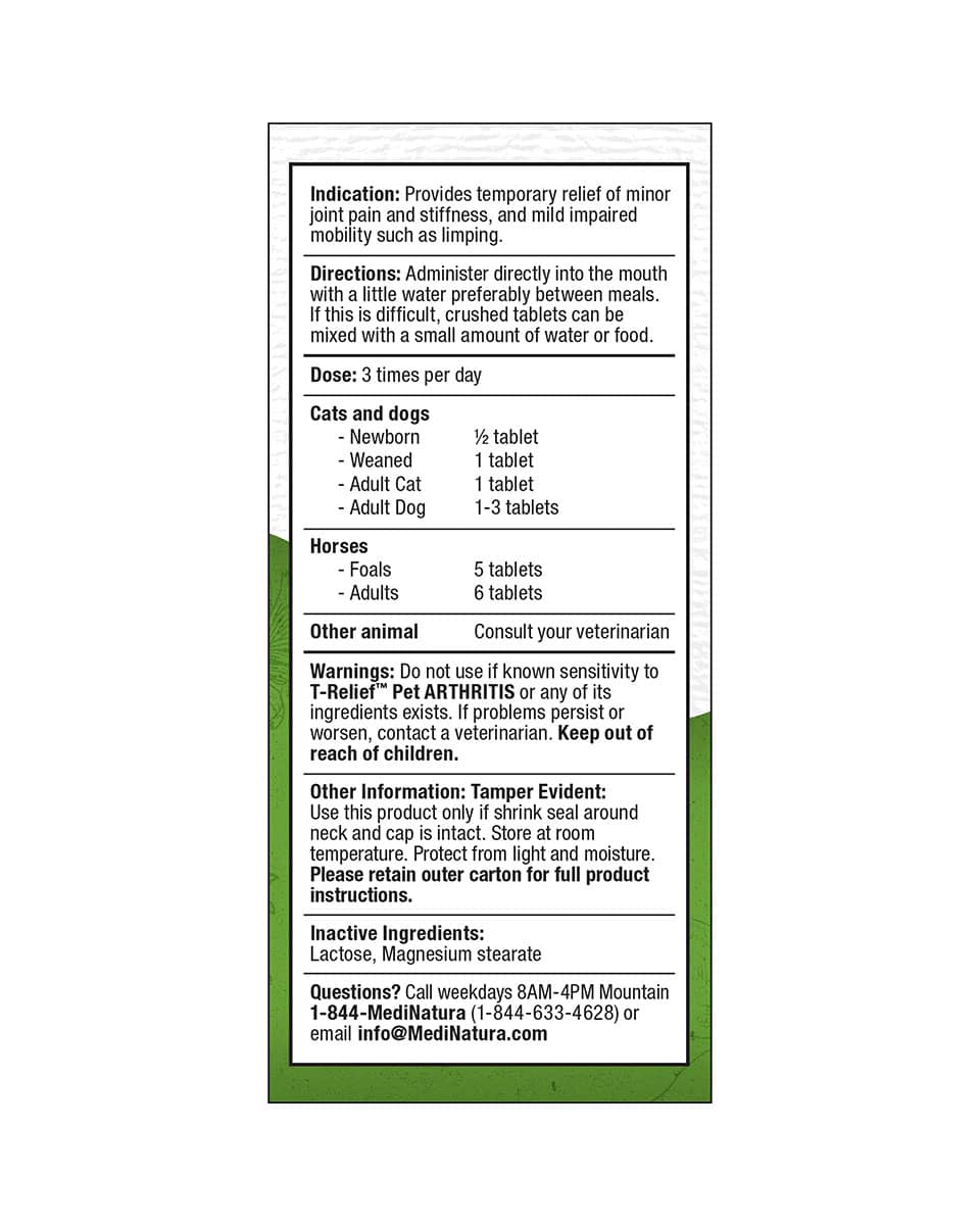 MediNatura T-Relief Pet Arthritis Pain Relief Tablets Dosage and Directions