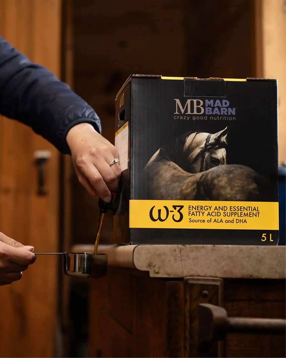 Mad Barn W-3 Oil omega-3 supplement for horses designed to deliver clean energy and essential fatty acids
