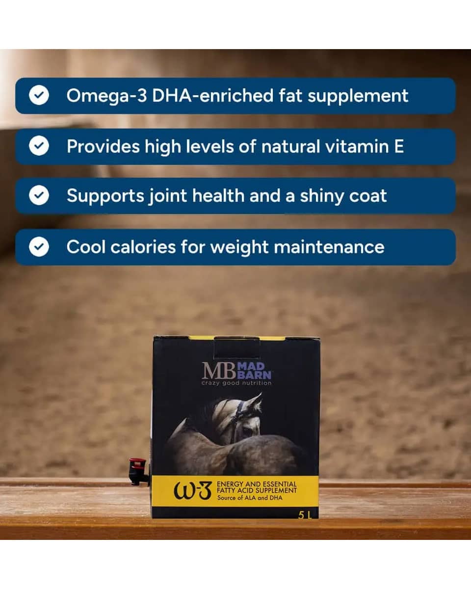 Mad Barn W-3 Oil premium equine omega-3 supplement designed to deliver clean energy and essential fatty acids