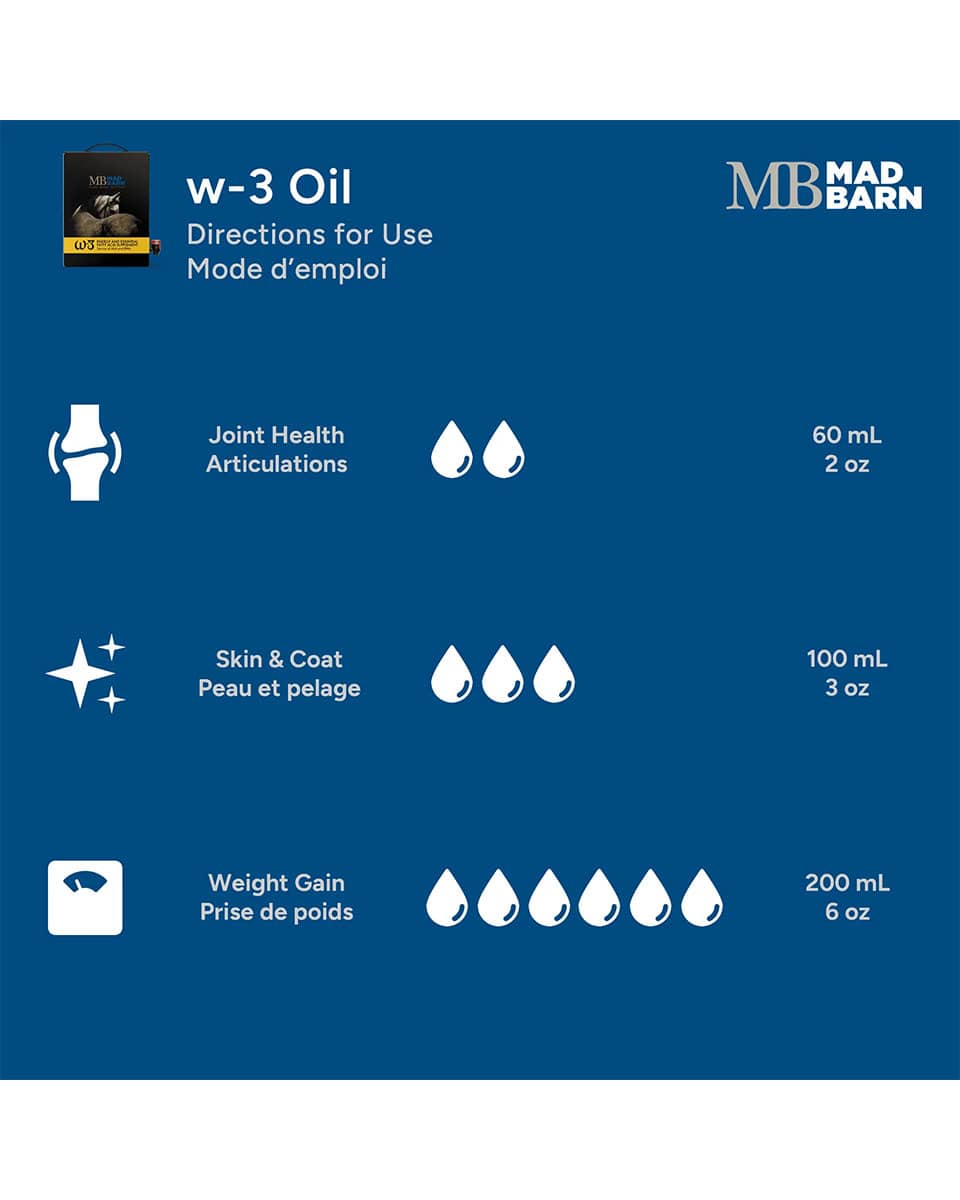 Mad Barn W-3 Oil premium equine omega-3 supplement - directions for use