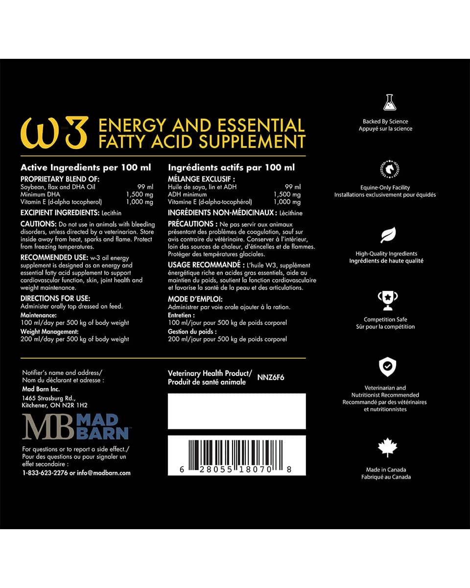 Mad Barn W-3 Oil premium equine omega-3 supplement - label